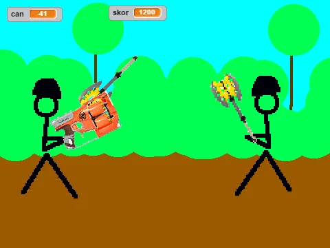 A game I made at 7: two stick figures fighting with toy guns in a park